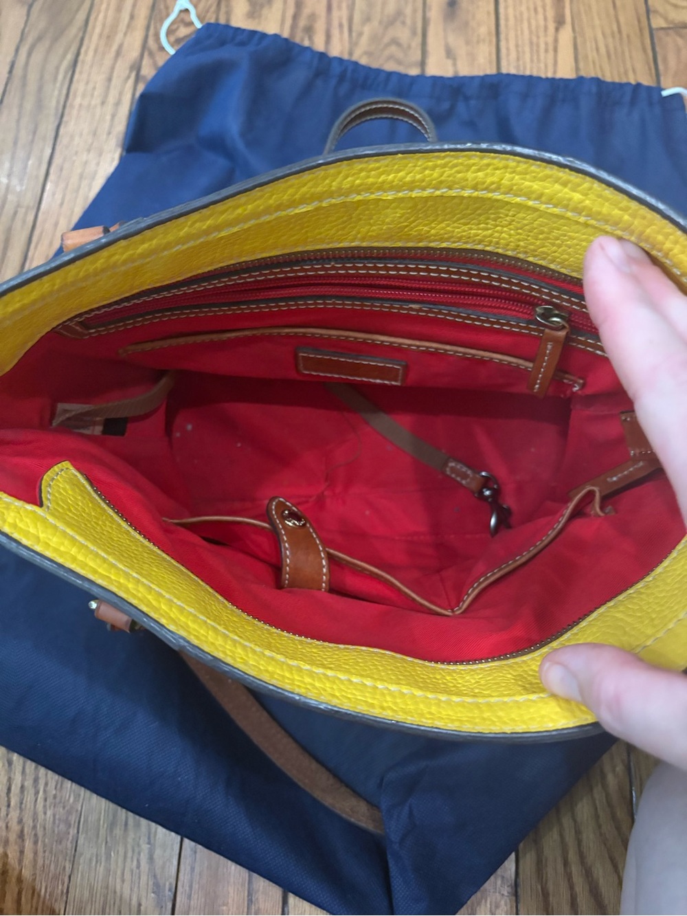 Dooney & Bourke Yellow Pebbled Leather Tote with Brown Straps - Picture 3 of 7